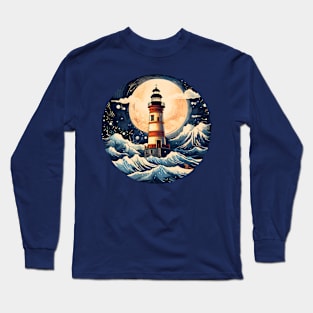 Lighthouse Ocean Waves Full Moon Long Sleeve T-Shirt